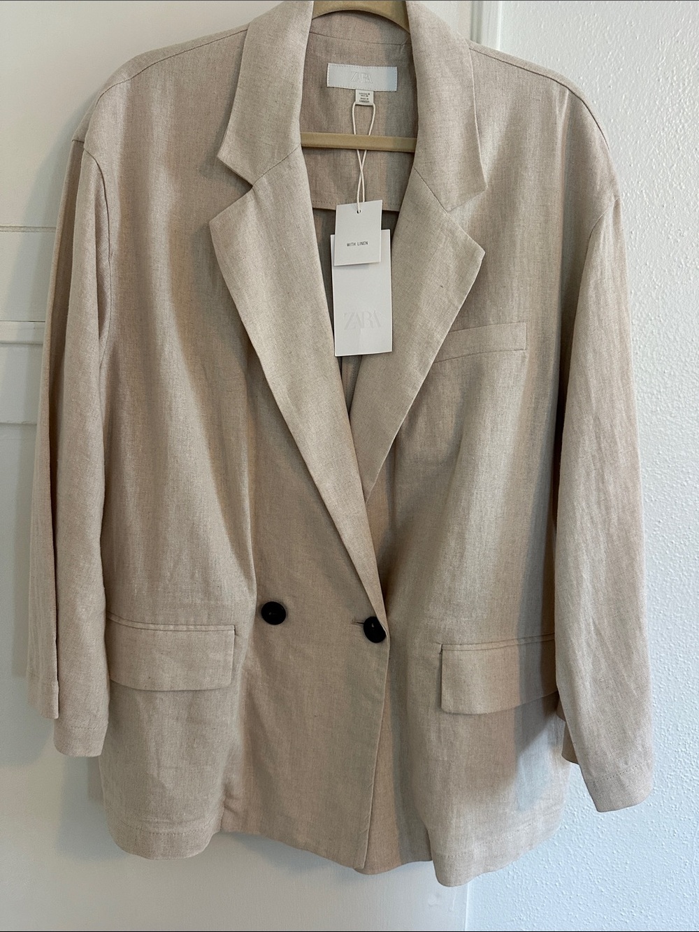 Zara Natural Linen-Blend Neutral Beige Blazer